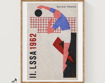 Volleyball Player Matchbox Art Print, Czech Vintage Constructivist (Sports Decor)