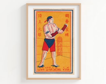 Thai Boxing Company Man Boxing Vintage Matchbox Label Print, Vintage Printable Wall Art | Digital Download
