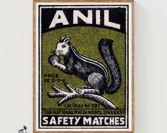 Squirrel Matchbox Art Print, Indian Vintage Folk Art (Nostalgic Decor)