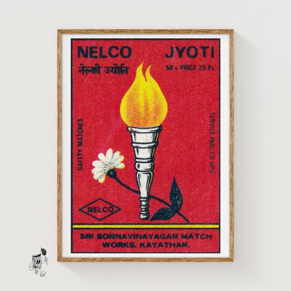 Flaming Torch Matchbox Art Print, Hungarian Vintage Folk Art (Nostalgic Decor)