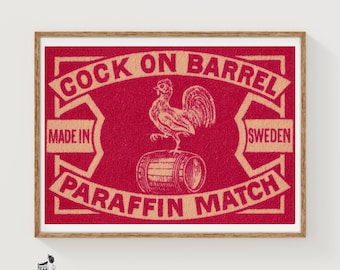 Rooster on Barrel Matchbox Art Print, Swedish Vintage Folk Art (Nostalgic Decor)