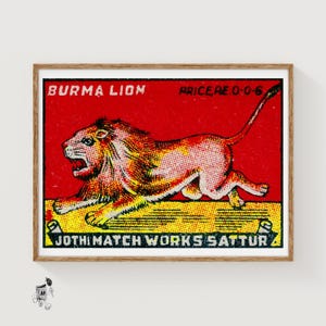 Burma Lion - Matchbox Print - Aesthetic Wall Art - Vintage India Art - Matchbox Wall Poster - Vintage Poster Print