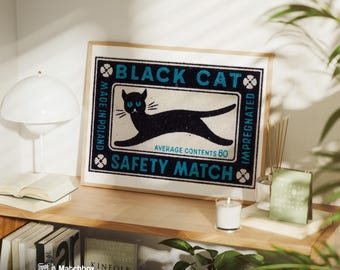 Black Cat - Matchbox Print - Czech Wall Art - Vintage Czech Art