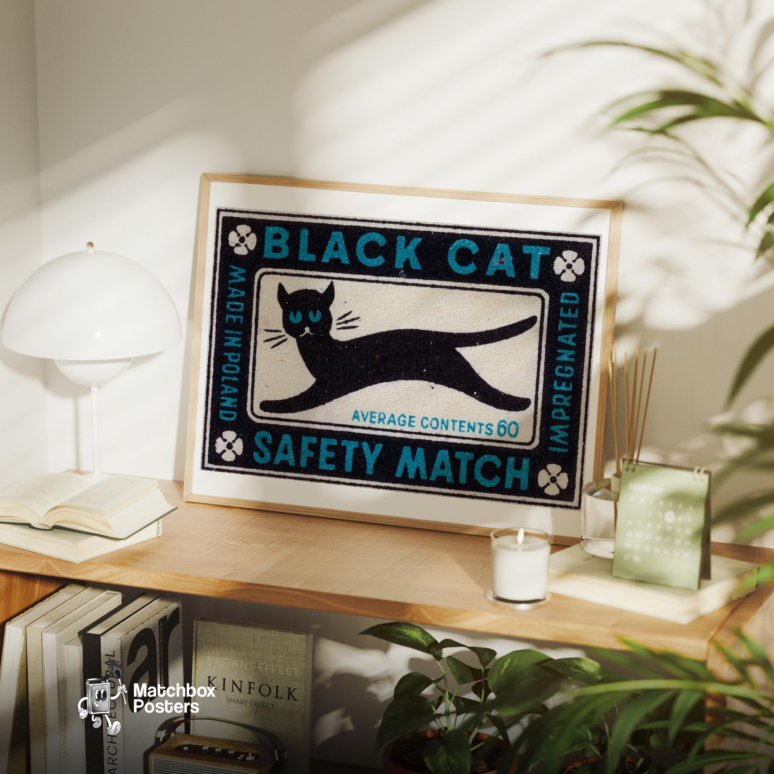 Black Cat - Matchbox Print - Czech Wall Art - Vintage Czech Art