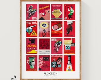 Czech Matchbox Labels Grid Print, Vintage Ephemera Poster, Eastern Europe Collection, Midcentury Style, red wall art
