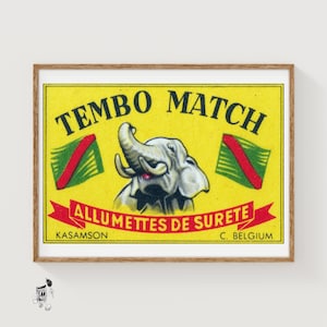 Op de afbeelding: Een ingelijst vintage lucifersdoosontwerp met een gele achtergrond. De tekst "TEMBO MATCH" staat bovenaan en "ALLUMETTES DE SURETE" op een rode banner. Een grijze olifant staat in het midden.