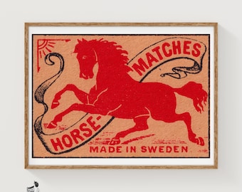 Cavallo rosso - Stampa di scatole di fiammiferi - Arte murale svedese - Arte svedese vintage - Poster da parete di scatole di fiammiferi - Stampa di poster vintage