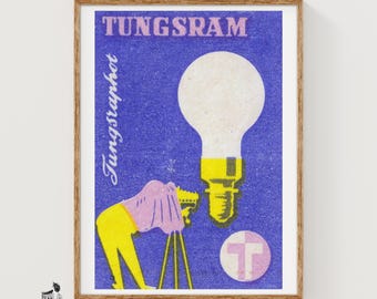 Light Bulb & Camera Matchbox Art Print, Hungarian Vintage Mid-Century Decor (Office Decor)