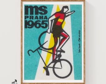 Stylized Cyclist Czechoslovakia 1960s-70s Matchbox Label - Vintage Art Print | Modernist