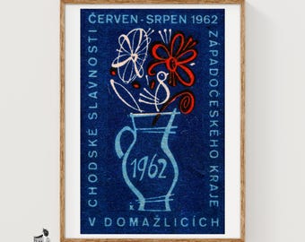 Floral Festival Matchbox Art Print, Czech Vintage Folk Art (1962 Decor)