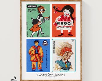 Slovene Matchbox Labels Grid Print, Vintage Ephemera Poster, Language Collection, Typography Focus, red wall art