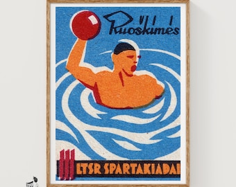 Water Polo Matchbox Art Print, Lithuanian Vintage Sports (Playful Decor)