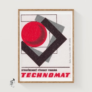 Lámina artística geométrica con diseño de caja de cerillas, estilo constructivista vintage checoslovaco (decoración industrial).