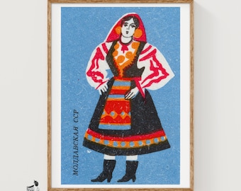 Kobieta z Mołdawii – Plakat na pudełku zapałek – Estetyczna sztuka ścienna – Sztuka Europy Wschodniej w stylu vintage – Plakat na pudełku zapałek – Plakat w stylu vintage