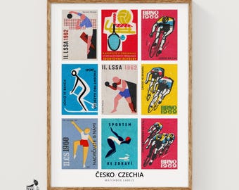 Czech Vintage Sport Matchbox Art Print, Mid-Century Athletic Decor, 3x3 Grid Collage (Sports Wall Art)