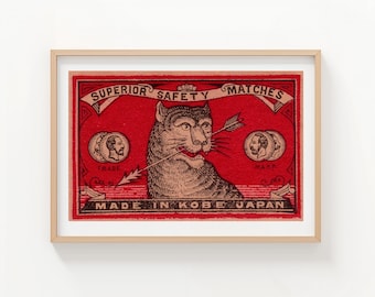 Cat Arrow Kobe Japan Vintage Matchbox Label Print, Vintage Printable Wall Art | Digital Download