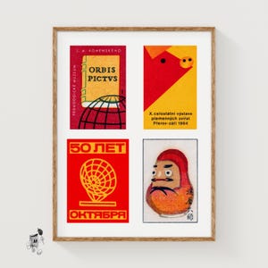 Röda & orangea Matchbox-etiketter Rutnätstryck, Vintage Ephemera-affisch, Internationell kollektion, Mid-Century-stil, karmosinröd väggkonst