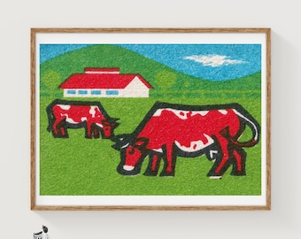 Two Red Cows Grazing Mid-Century Matchbox Label - Vintage Art Print | Folk Art