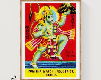 May include: A rectangular matchbox label featuring a green-skinned deity holding a golden mace and a mountain. The background is red with blue water at the bottom. Text includes MARUTHI, 50's, 20 Ps., and PUNITHA MATCH INDUSTRIES, ERODE-5.