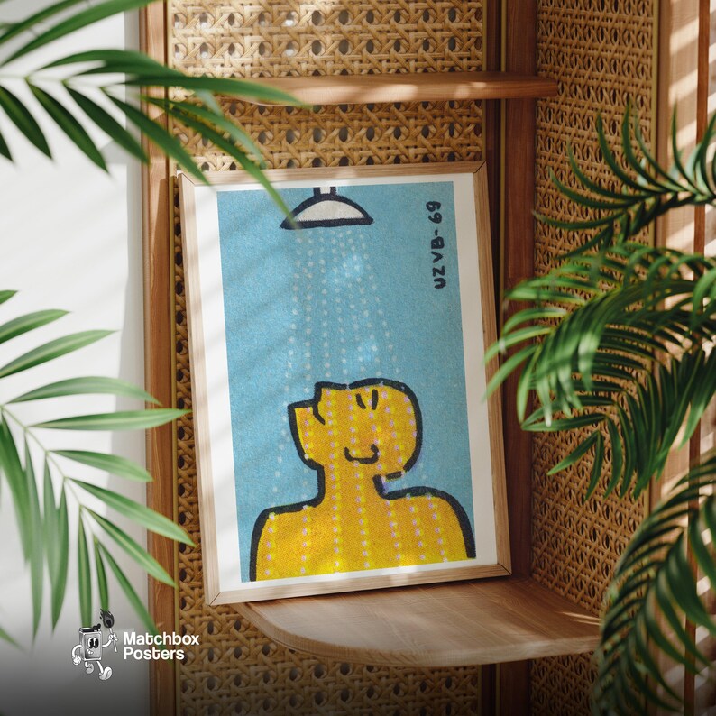 Mężczyzna pod prysznicem – czeski plakat vintage z pudełka zapałek, wydruk na pudełku zapałek, wydruk artystyczny, dekoracja łazienki, sztuka ścienna, plakat do łazienki zdjęcie 3