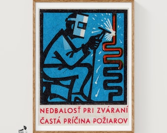 Man Welding Matchbox Art Print, Czech Vintage Constructivist (Industrial Decor)