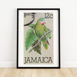 Grüner Papagei - Vintage Jamaika Kunst - Briefmarke Druck - Ästhetische Wandkunst - Briefmarke Wand Poster - Vintage Afrikanische Kunst