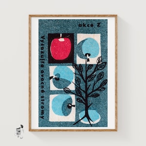 Red Apple Tree - Matchbox Print - Czech Wall Art - Vintage Czech Art - Matchbox Wall Poster - Vintage Poster Print