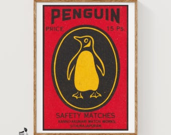 Penguin - Matchbox Print - India Wall Art - Vintage India Art - Matchbox Wall Poster - Vintage Poster Print