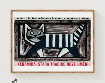 Black Striped Cat - Matchbox Print - Czech Wall Art - Vintage Czech Art - Matchbox Wall Poster - Vintage Poster Print