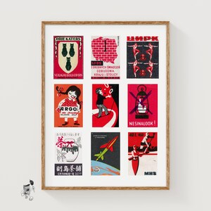 Red and Black Matchbox Labels Grid Print, Vintage Poster, International Collection, Midcentury Style, crimson wall art