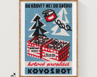 Collect Scrap Metal: Vintage Czech Matchbox Label Wall Art Print