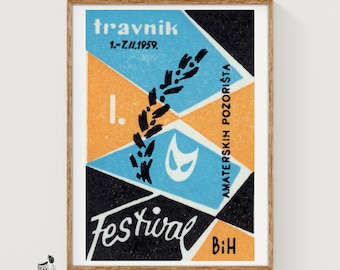 Theatre Festival Matchbox Art Print, Bosnian Vintage Modernist (Mask Decor)
