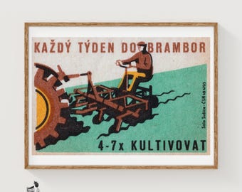 Tractor Ploughing Matchbox Art Print, Czech Vintage Propaganda (Industrial Decor)
