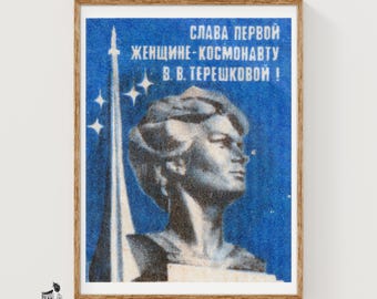 Lámina artística de una mujer cosmonauta en una caja de cerillas, propaganda rusa vintage (decoración de oficina).