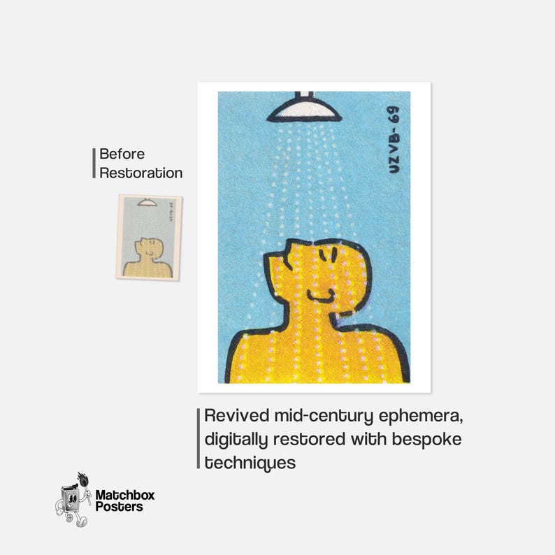 Mężczyzna pod prysznicem – czeski plakat vintage z pudełka zapałek, wydruk na pudełku zapałek, wydruk artystyczny, dekoracja łazienki, sztuka ścienna, plakat do łazienki zdjęcie 6