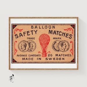 Red Balloon - Matchbox Print - Sweden Wall Art - Vintage Sweden Art - Matchbox Wall Poster - Vintage Poster Print