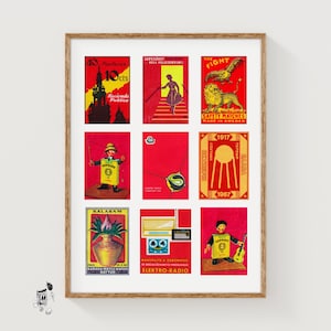 Etichette di scatole di fiammiferi rosse e gialle, stampa a griglia, poster vintage, collezione internazionale, stile Mid-Century, arte murale giallo senape