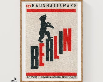 Konsttryck med Berlinbjörnen, Matchbox, tysk vintagemodernist (industriell inredning)