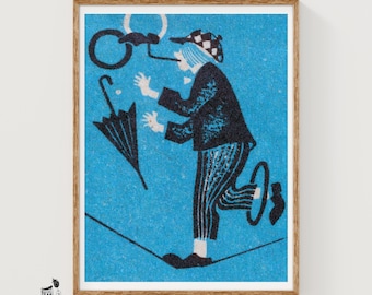 May include: A framed print on a bright blue background featuring a dark blue illustration of a figure in a checkered cap and striped trousers balancing on a tightrope, juggling rings, and holding a closed umbrella in a dynamic pose.