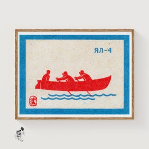 Rowers on Water - Matchbox Print - Aesthetic Wall Art - Vintage Eastern Europe Art - Matchbox Wall Poster - Vintage Poster Print