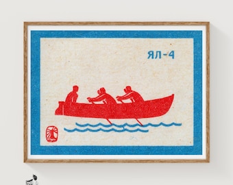 Rowers on Water - Matchbox Print - Aesthetic Wall Art - Vintage Eastern Europe Art - Matchbox Wall Poster - Vintage Poster Print