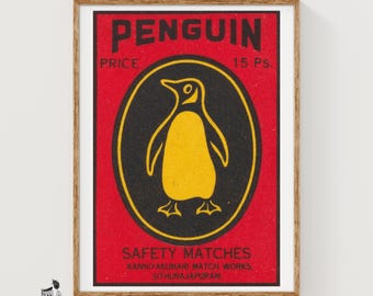Penguin - Matchbox Print - India Wall Art - Vintage India Art - Matchbox Wall Poster - Vintage Poster Print