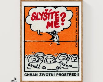 Cartoon Bird Speaking From A Wire Czechoslovakia 1960s-70s Matchbox Label - Vintage Art Print | Folk Art