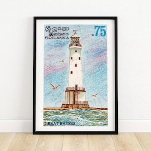Leuchtturm am Meer - Vintage Sri Lanka Kunst - Briefmarke Druck - Ästhetische Wandkunst - Briefmarke Wand Poster - Vintage Afrikanische Kunst