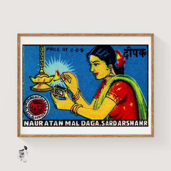 インド人女性の照明ランプ - マッチ箱プリント - 美しい壁アート 