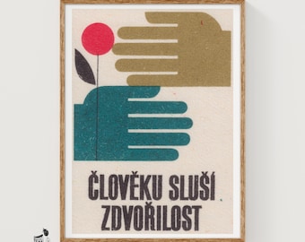 Handen met rode bloem Matchbox Art Print, Tsjechische vintage modernistische inrichting (decor slaapzaal)