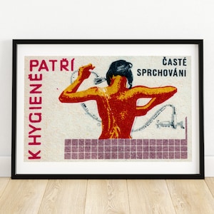 Woman Showering - Matchbox Print - Aesthetic Wall Art - Vintage Czech Art - Matchbox Wall Poster - Vintage Poster Print