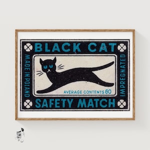 Lámina artística de gato negro en caja de cerillas, arte popular polaco vintage (decoración divertida)