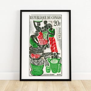 Afrikanischer Fischmarkt - Vintage Kongo Kunst - Briefmarke Druck - Ästhetische Wandkunst - Briefmarke Wand Poster - Vintage Afrikanische Kunst