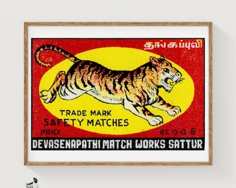 Leaping Tiger Matchbox Art Print, Indian Vintage Folk Art (Nostalgic Decor)